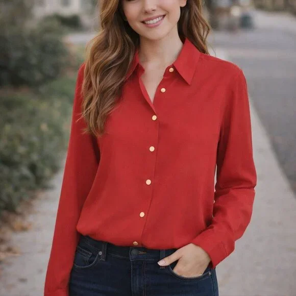 Anne Klein Red Button-Down Shirt with Gold Accents Size Large - Picture 1 of 10